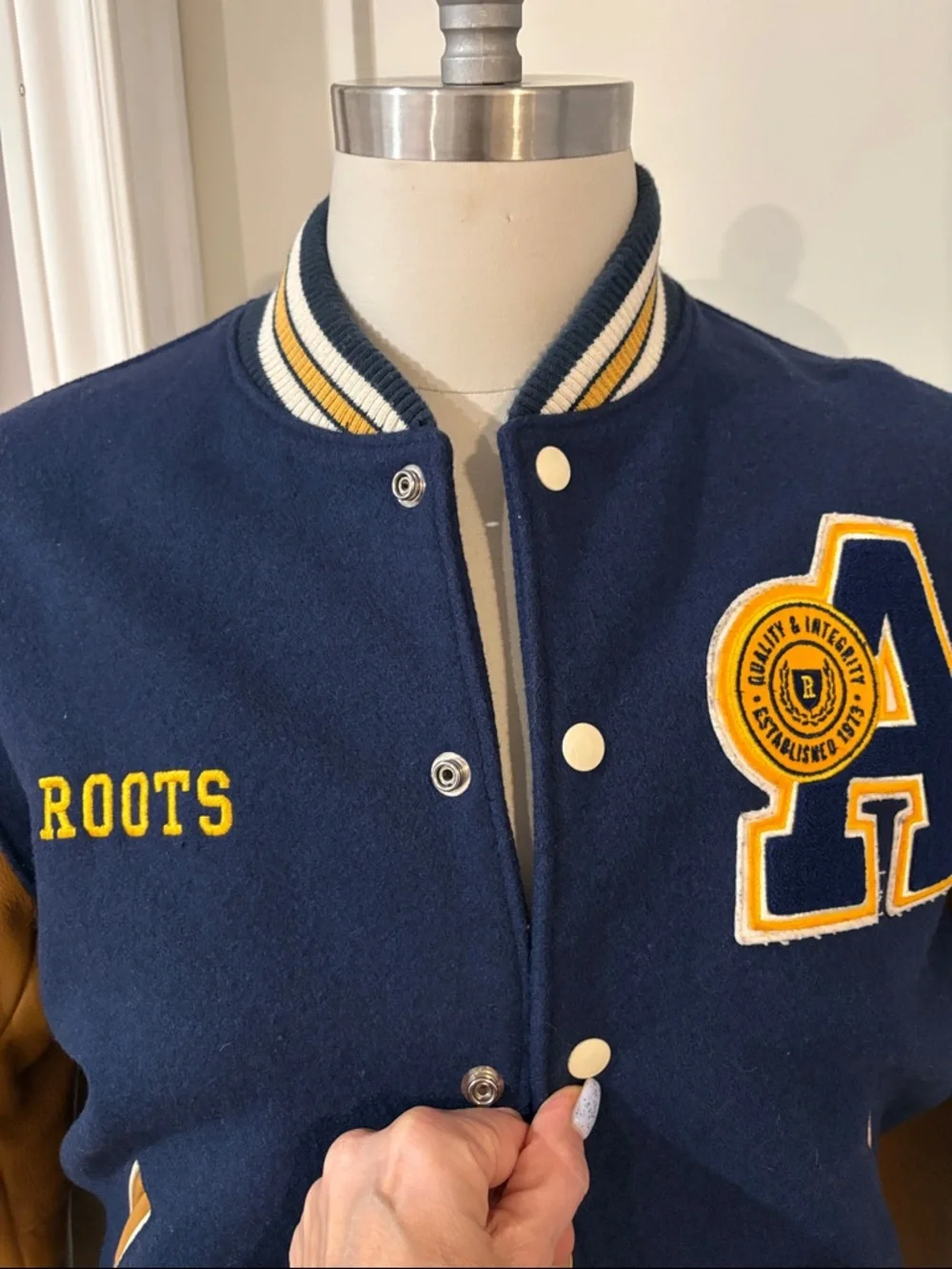 Roots Navy and Mustard Letterman Jacket  leather sleeves. - Picture 7 of 11
